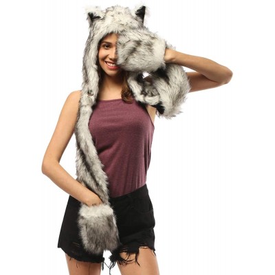 Skullies & Beanies Faux Fur Animal Hat Scarf Gloves Mittens 3-in-3 Function Furry Hoodie with Paws Ears - Black Husky Hood - ...