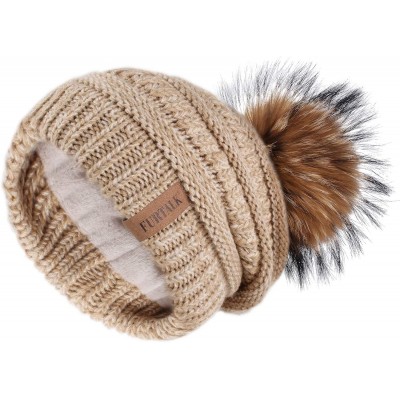 Skullies & Beanies Winter Hats Beanie for Women Lined Slouchy Knit Skiing Cap Real Fur Pom Pom Hat for Girls - CY18UKT5Z3X $2...