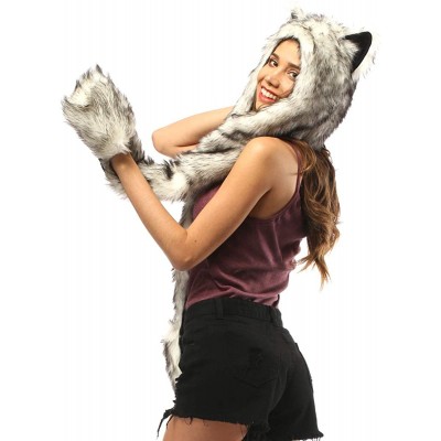 Skullies & Beanies Faux Fur Animal Hat Scarf Gloves Mittens 3-in-3 Function Furry Hoodie with Paws Ears - Black Husky Hood - ...