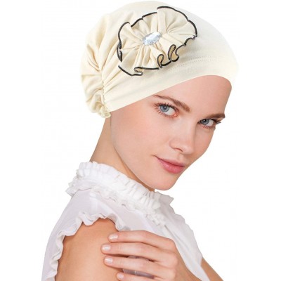 Skullies & Beanies Josie Turban Chemo Cancer Hat Scarf with Rhinestone Flower - 07 - Cotton Ivory With Black Trim - CC18Q6QQK...