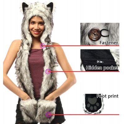 Skullies & Beanies Faux Fur Animal Hat Scarf Gloves Mittens 3-in-3 Function Furry Hoodie with Paws Ears - Black Husky Hood - ...