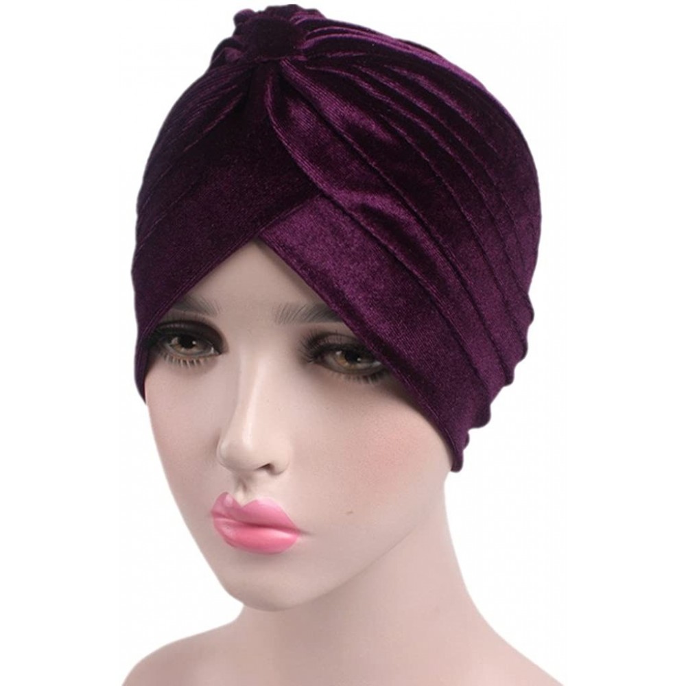 Skullies & Beanies Pleated Stretch Ruffle Women's Velvet Chemo Turban Hat Wrap Cover - Purple - C91887UX49D $9.05