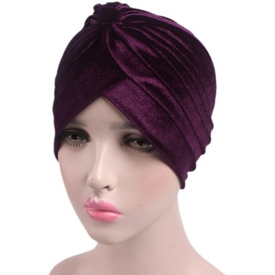 Skullies & Beanies Pleated Stretch Ruffle Women's Velvet Chemo Turban Hat Wrap Cover - Purple - C91887UX49D $9.05