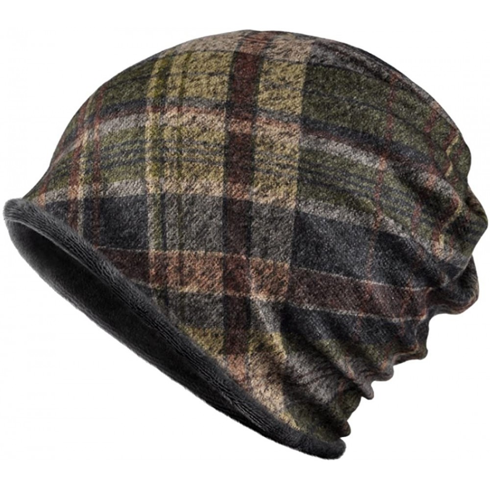 Skullies & Beanies Women's Multifunction Plaid Plus Cashmere Hat Skull Cap Scarf - Green - C718808CE0L $12.61