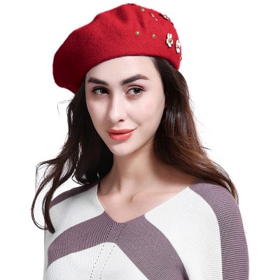 Berets Women's Franch Inspired Wool Felt Beret Hat Bow/Rivet/Floral Appliqued - Floral-red - C01888IAR9K $29.48