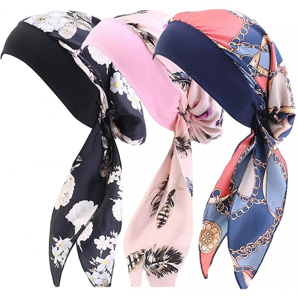 Skullies & Beanies Women Vintage Silky Turbans Bonnet Elastic Wide Band Multifunction Printing Hat Chemo Hair Loss Cap - 3 Pa...