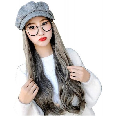 Newsboy Caps Women Newsboy Cabbie Beret Cap Visor Hat with Hair Attached Long Wavy Wig - Gray - CZ18ZZCQ3RR $21.68