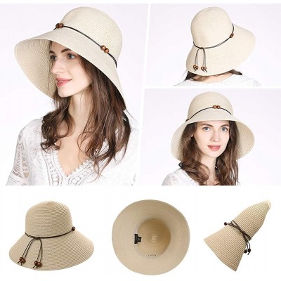 Bucket Hats Packable UPF Straw Sunhat Women Summer Beach Wide Brim Fedora Travel Hat 54-59CM - 00762_khaki Beige - CR18ULSWYN...