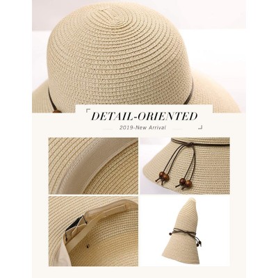 Bucket Hats Packable UPF Straw Sunhat Women Summer Beach Wide Brim Fedora Travel Hat 54-59CM - 00762_khaki Beige - CR18ULSWYN...