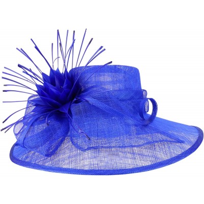 Sun Hats Reverse Duck Feathers Flower Large Brim Fashion Sinamay Hat - Blue - CQ18R4U4L7E $48.94