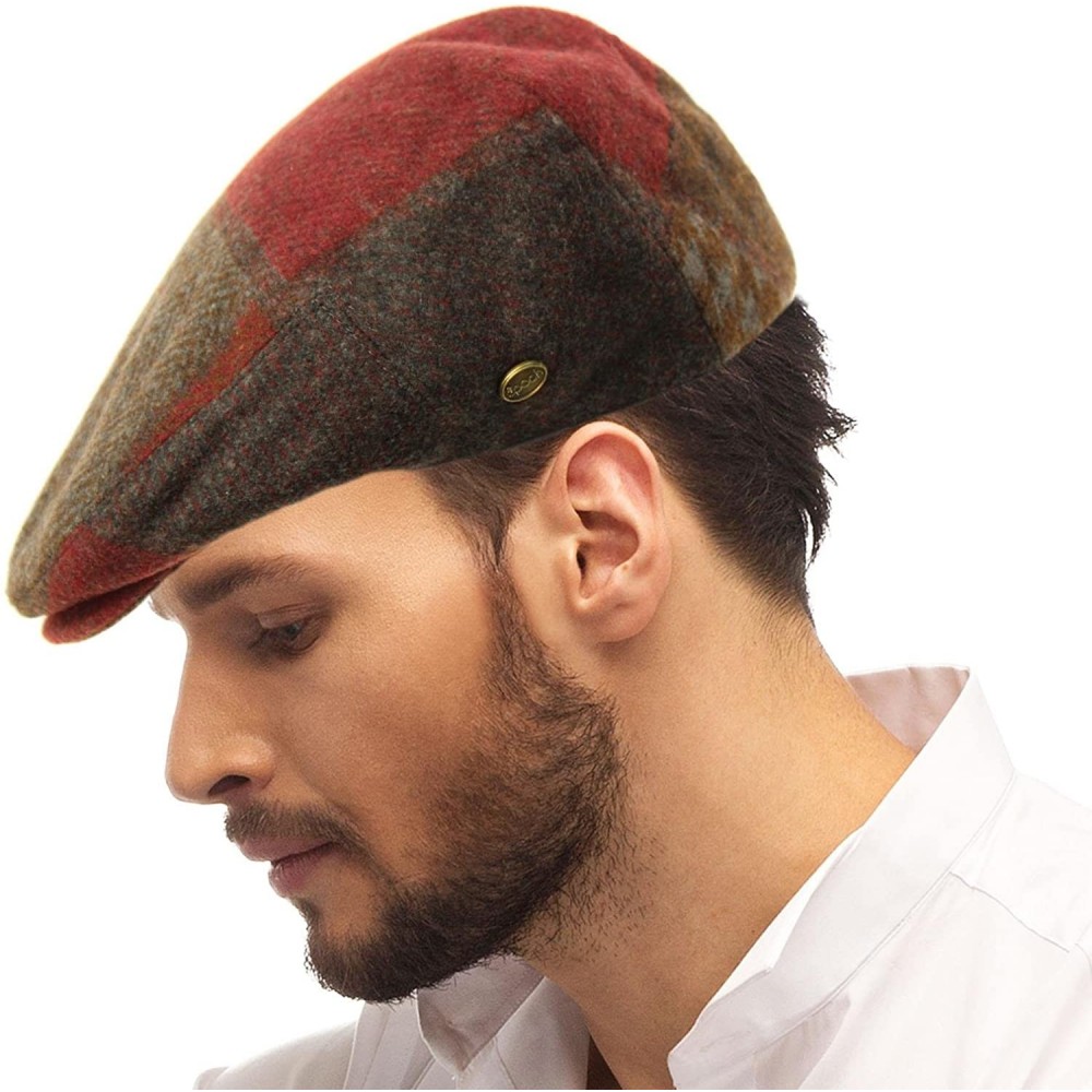 Newsboy Caps Men's Winter 100% Soft Wool Patch Flat Ivy Driver Golf Cabby Cap Hat - Burgundy - CZ188K53W0N $19.43