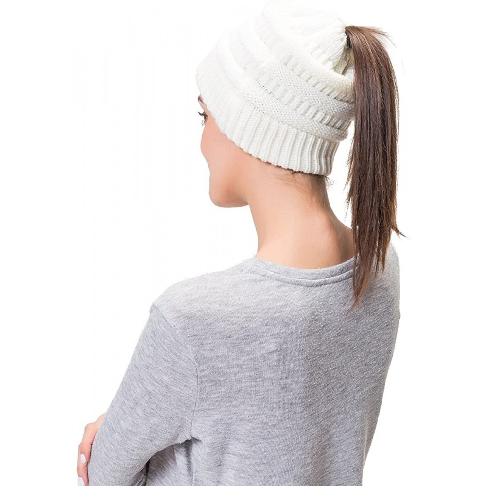 Skullies & Beanies Women Cable Knit BeanieTail Messy Bun Ponytail Cap Warm Winter Beanie Hat - White - CK18WT29G23 $10.64