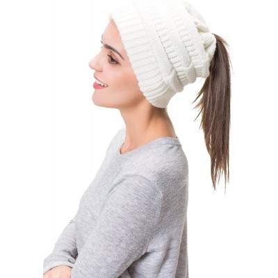 Skullies & Beanies Women Cable Knit BeanieTail Messy Bun Ponytail Cap Warm Winter Beanie Hat - White - CK18WT29G23 $10.64