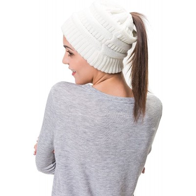 Skullies & Beanies Women Cable Knit BeanieTail Messy Bun Ponytail Cap Warm Winter Beanie Hat - White - CK18WT29G23 $10.64