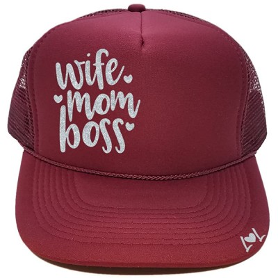 Baseball Caps Wife Mom Boss - Glitter Trucker Hat (Custom) - Maroon - C11887LEYCM $19.36