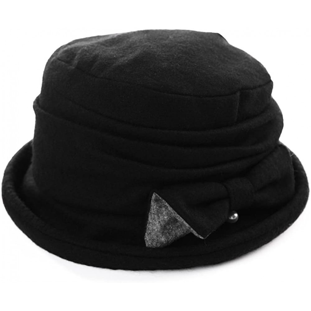 Bucket Hats Womens 1920s Vintage Wool Felt Cloche Bucket Bowler Hat Winter Crushable - 89369_black - CZ187CXNTEL $18.95