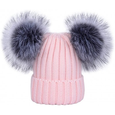 Skullies & Beanies Women's Winter Ribbed Knitted Beanie Hat with Double Faux Fur Pom Pom - Pink - CC1897NRG5H $27.46