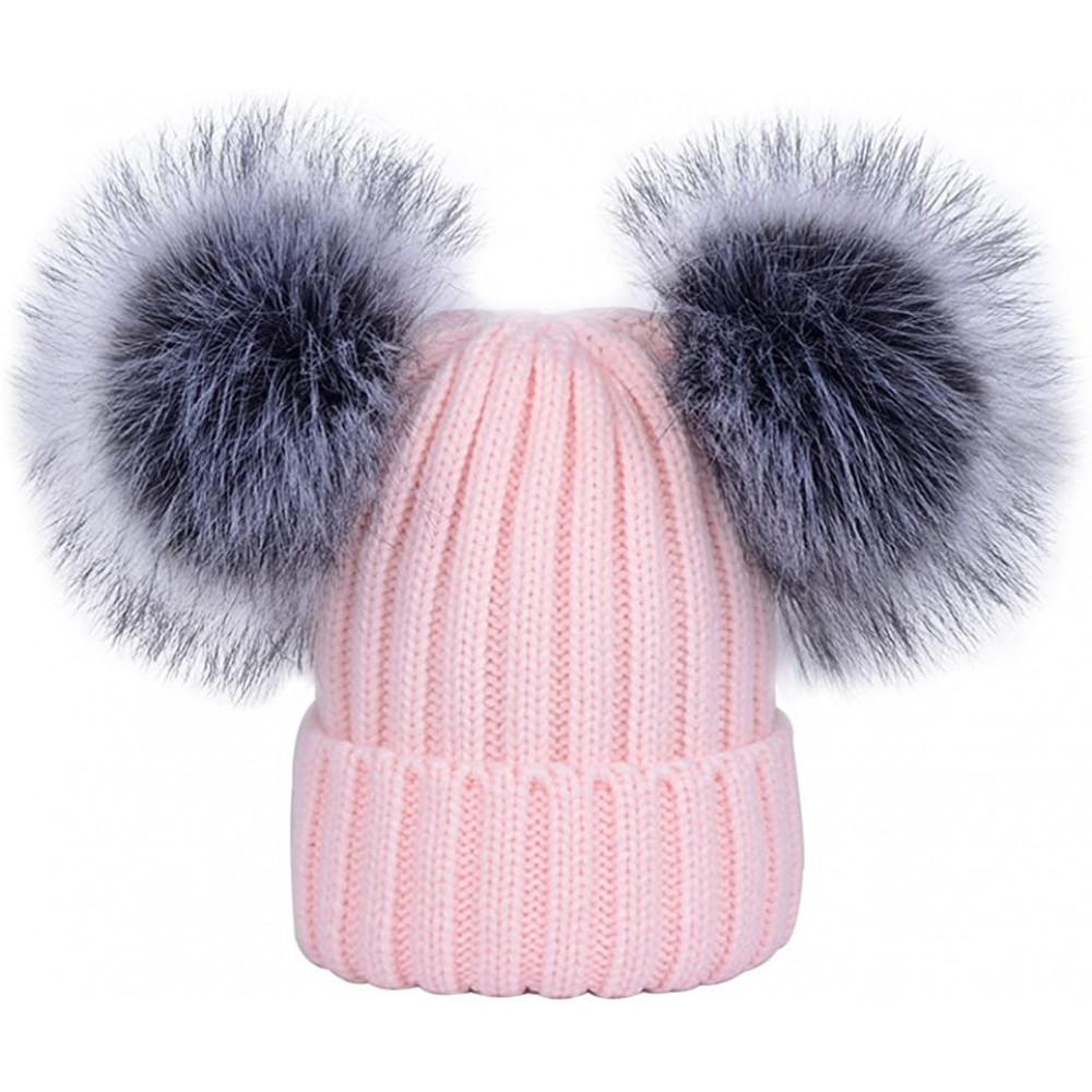 Skullies & Beanies Women's Winter Ribbed Knitted Beanie Hat with Double Faux Fur Pom Pom - Pink - CC1897NRG5H $17.12