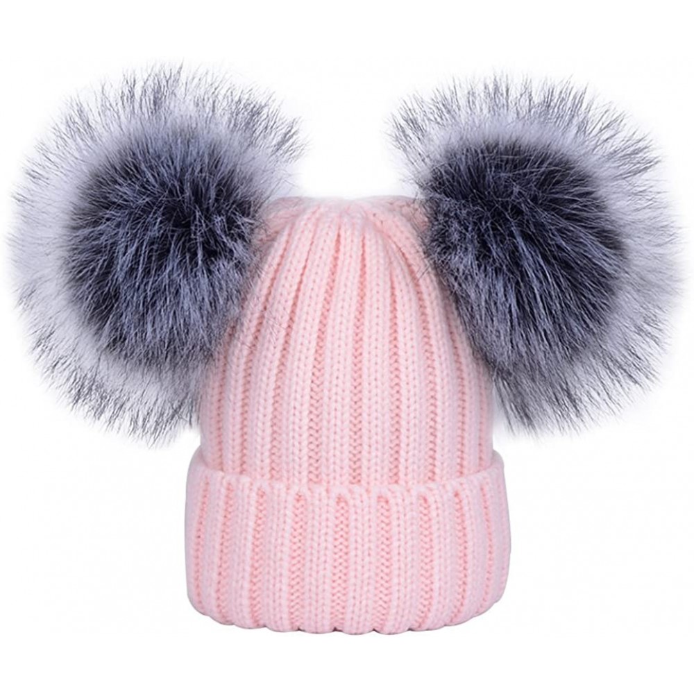 Skullies & Beanies Women's Winter Ribbed Knitted Beanie Hat with Double Faux Fur Pom Pom - Pink - CC1897NRG5H $17.12
