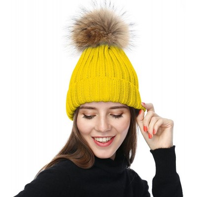 Skullies & Beanies Womens Girls Winter Knitted Beanie Hat Real Large Raccoon Fur Pom Pom Bobble Hats - Turmeric - CV188XRX457...