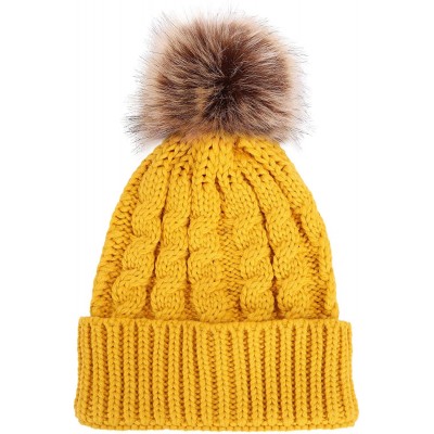 Skullies & Beanies Winter Hand Knit Beanie Hat with Faux Fur Pompom - Ginger - C712N1ZU6LB $17.48