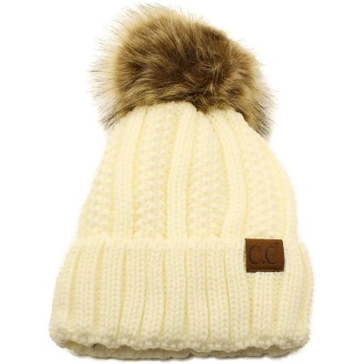 Skullies & Beanies Winter Sherpa Fleeced Lined Chunky Knit Stretch Pom Pom Beanie Hat Cap - Solid Ivory - CY18K2QQLYR $15.35