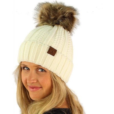 Skullies & Beanies Winter Sherpa Fleeced Lined Chunky Knit Stretch Pom Pom Beanie Hat Cap - Solid Ivory - CY18K2QQLYR $15.35