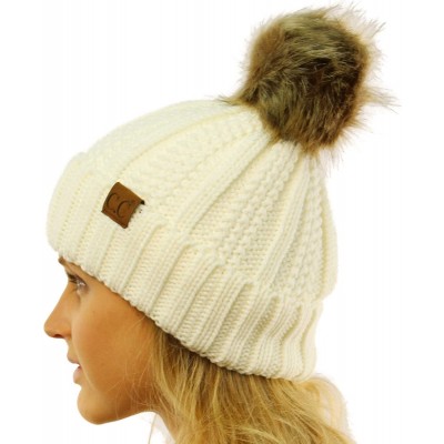 Skullies & Beanies Winter Sherpa Fleeced Lined Chunky Knit Stretch Pom Pom Beanie Hat Cap - Solid Ivory - CY18K2QQLYR $15.35