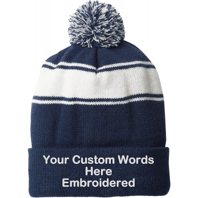 Skullies & Beanies Customize Your Beanie Personalized with Your Own Text Embroidered - Stripe Pom Pom True Navy/White - CG18L...