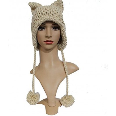 Skullies & Beanies Hot Pink Pussy Cat Beanie for Women's March Knitted Hat with Pom Pom Ear Cap - Beige - CP1802IQUEE $13.31