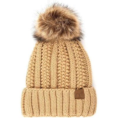 Skullies & Beanies Exclusive Knitted Hat with Fuzzy Lining with Pom Pom - Camel - C418EXG7Y2Q $22.17