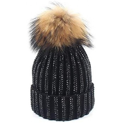 Skullies & Beanies Women Rhinestone Beanie Skull Hats Warm Knitting Hat Real Raccoon Fur Pompom Bobble Caps - Black(brown Bob...