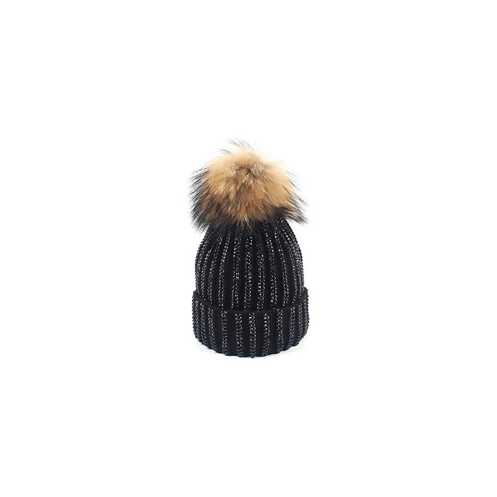 Skullies & Beanies Women Rhinestone Beanie Skull Hats Warm Knitting Hat Real Raccoon Fur Pompom Bobble Caps - Black(brown Bob...