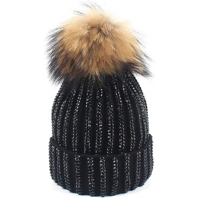 Skullies & Beanies Women Rhinestone Beanie Skull Hats Warm Knitting Hat Real Raccoon Fur Pompom Bobble Caps - Black(brown Bob...