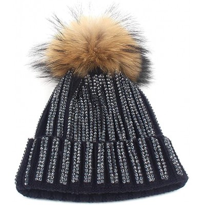 Skullies & Beanies Women Rhinestone Beanie Skull Hats Warm Knitting Hat Real Raccoon Fur Pompom Bobble Caps - Black(brown Bob...