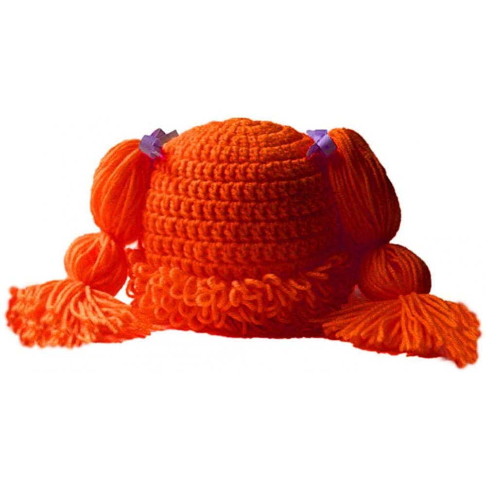 Skullies & Beanies Knitted Pigtail Wig Beanie Handmade Women Girl's Braid Hat Bowknot Cap - Orange - C218QRM86RG $15.24