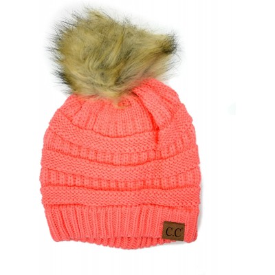 Skullies & Beanies Soft Stretch Cable Knit Ribbed Faux Fur Pom Pom Beanie Hat - Coral - CF12LLP169N $25.14