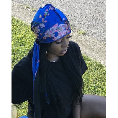 Skullies & Beanies Velvet Du-Rag-Premium Quality-Wave Cap Long Straps - Floral Blue - CU18G3QNZG4 $18.51