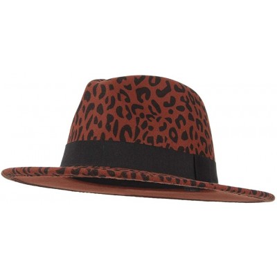 Fedoras Women's Vintage Leopard Print Fedora Wool Hat Wide Brim Panama Trilby Wool Felt Hat with Band - Jujube Red - CB18X74U...