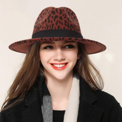 Fedoras Women's Vintage Leopard Print Fedora Wool Hat Wide Brim Panama Trilby Wool Felt Hat with Band - Jujube Red - CB18X74U...