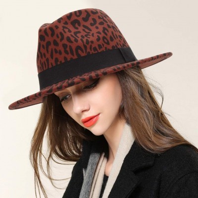 Fedoras Women's Vintage Leopard Print Fedora Wool Hat Wide Brim Panama Trilby Wool Felt Hat with Band - Jujube Red - CB18X74U...