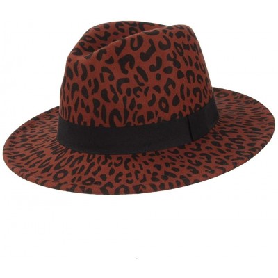 Fedoras Women's Vintage Leopard Print Fedora Wool Hat Wide Brim Panama Trilby Wool Felt Hat with Band - Jujube Red - CB18X74U...