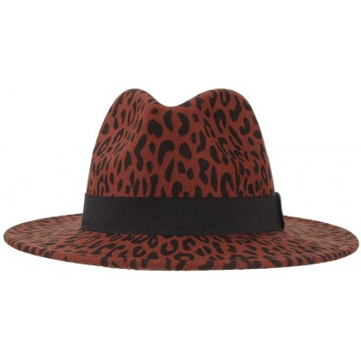 Fedoras Women's Vintage Leopard Print Fedora Wool Hat Wide Brim Panama Trilby Wool Felt Hat with Band - Jujube Red - CB18X74U...