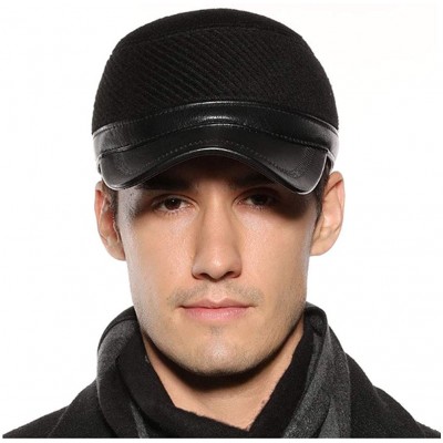 Newsboy Caps Men Winter Wool Leather Military Hats Newsboy Baseball Cap with Earflap - Black - CD18WMHZRUT $13.63