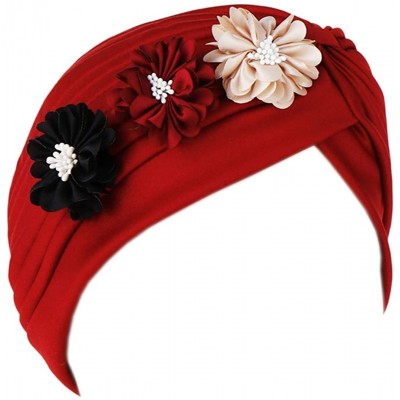 Sun Hats Shiny Metallic Turban Cap Indian Pleated Headwrap Swami Hat Chemo Cap for Women - Wine Red Flower - CB18Z6DN0CT $11.83
