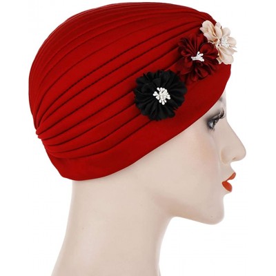 Sun Hats Shiny Metallic Turban Cap Indian Pleated Headwrap Swami Hat Chemo Cap for Women - Wine Red Flower - CB18Z6DN0CT $11.83