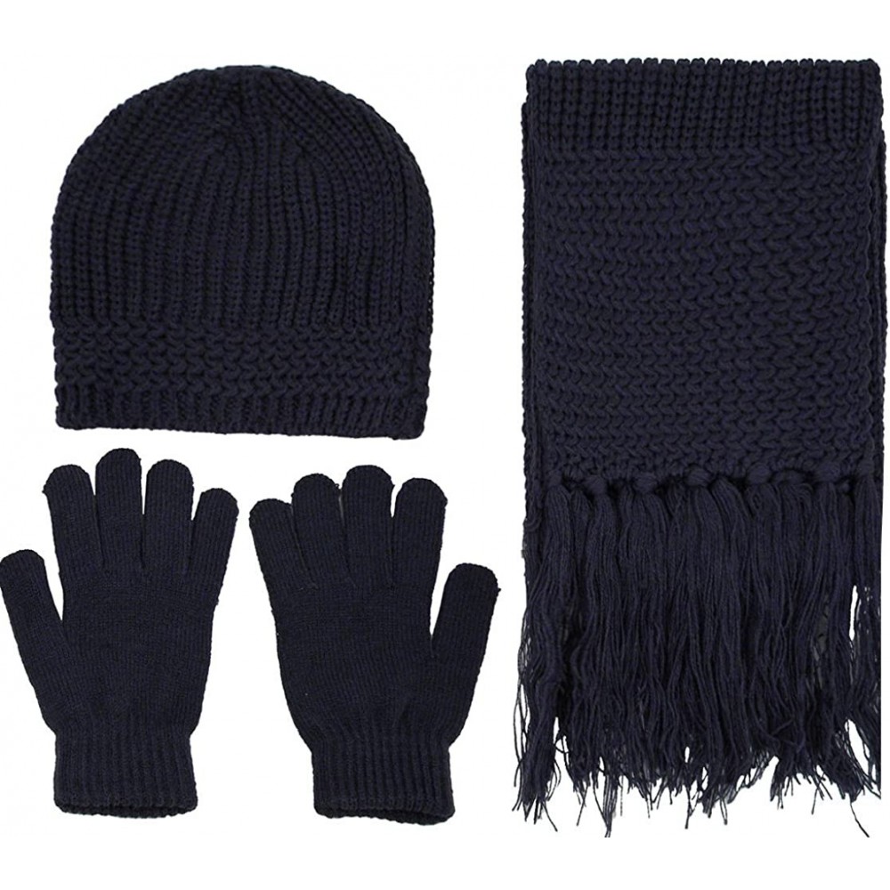Skullies & Beanies Women's 3 Piece Winter Set - Knitted Beanie- Scarf- Gloves - Navy - CQ187MS8QH6 $24.04