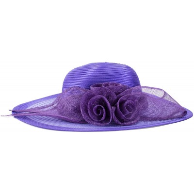 Sun Hats Women Solid Color Sinamay Wide Brim Sun Hat Dress Flower Bow A435 - Purple - CX17Z6KKWD5 $31.60