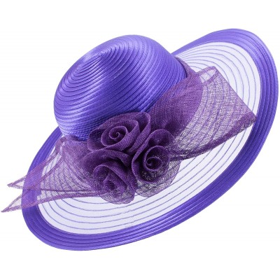 Sun Hats Women Solid Color Sinamay Wide Brim Sun Hat Dress Flower Bow A435 - Purple - CX17Z6KKWD5 $31.60