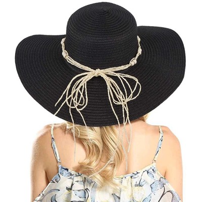 Sun Hats Women Straw Hat Beads Wide Brim Floppy Foldable Travel Hat Roll up Summer Beach Sun Hat UPF 50+ - Black - CK18QGOHUR...